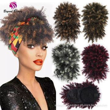 Cheap Curly Ponytail With Bangs Black Brown BUG Natural Curly Bangs With Buns Fluffy Synthetic Drawstring Ponytail